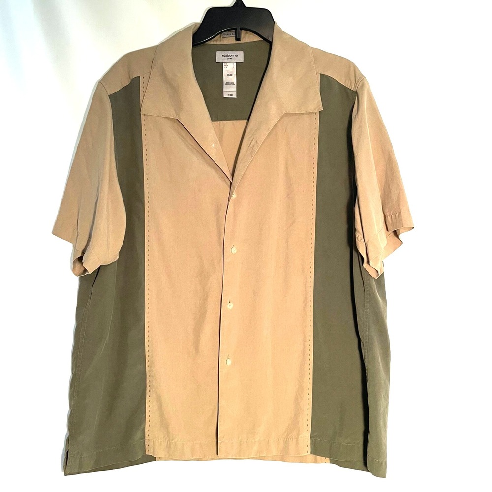 Claiborne Luxe Mens Silk Short Sleeve Button Down Shirt Green Tan Block Large
